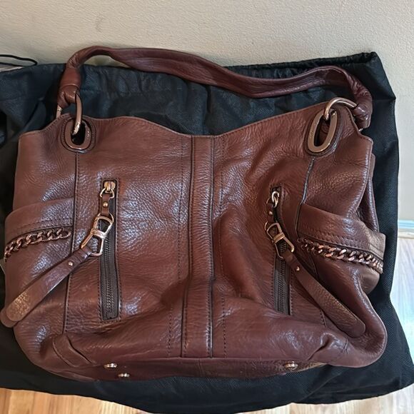 B Makowsky Leather Hobo Bag with Dust Bag- Chocolate Brown - Picture 2 of 8
